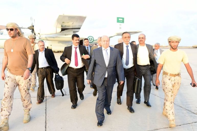 Handout photo of Yemen''s exiled President Abd-Rabbu Mansour Hadi walking at Aden airport upon his arrival from Saudi Arabia