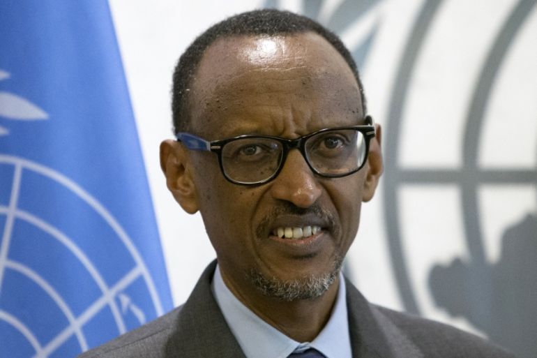 Rwandan President Kagame poses for the media during a meeting with U.N. Secretary-General Ki-moon during the United Nations General Assembly at the United Nations in Manhattan
