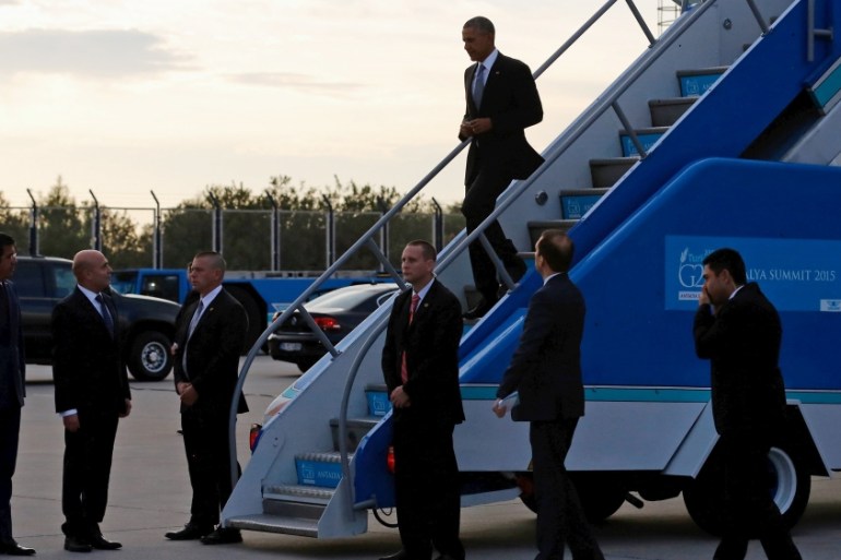 U.S. President Barack Obama disembarks Air Force One after arriving at Antalya International Airport in Antalya, Turkey