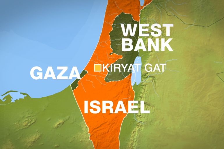 Map of Israel showing Kiryat Gat city, Gaza, and West Bank