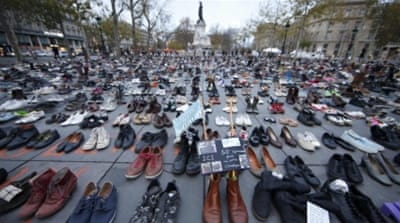 Pairs of shoes are symbolically placed in the Place de la Republique, after the cancellation of a planned climate march following the Paris attacks [REUTERS] 