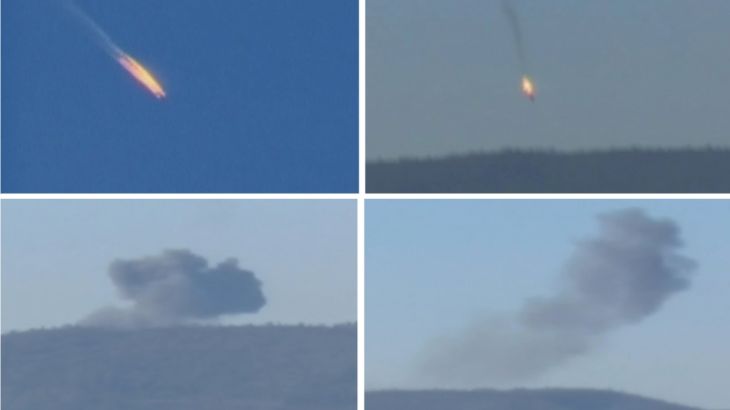 Combination frame grabs shows a war plane crashing in flames in a mountainous area in northern Syria after it was shot down by Turkish fighter jets near the Turkish-Syrian border
