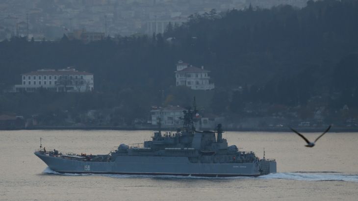 The Russian Navy''s large landing ship Caesar Kunikov sets sail in the Bosphorus towards the Black Sea, in Istanbul