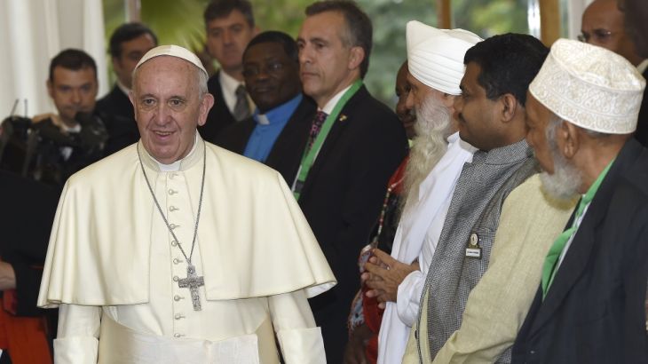 Pope Francis attends a meeting with inter-religious and ecumenical representatives at the apostolic nunciature in Nairobi