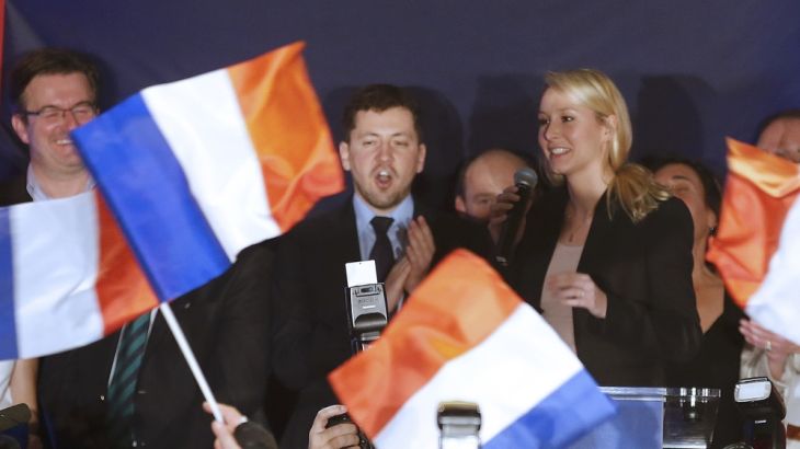 Marion Marechal-Le Pen, French National Front political party member and candidate for National Front in the PACA region arrives to deliver her speech in Le Pontet