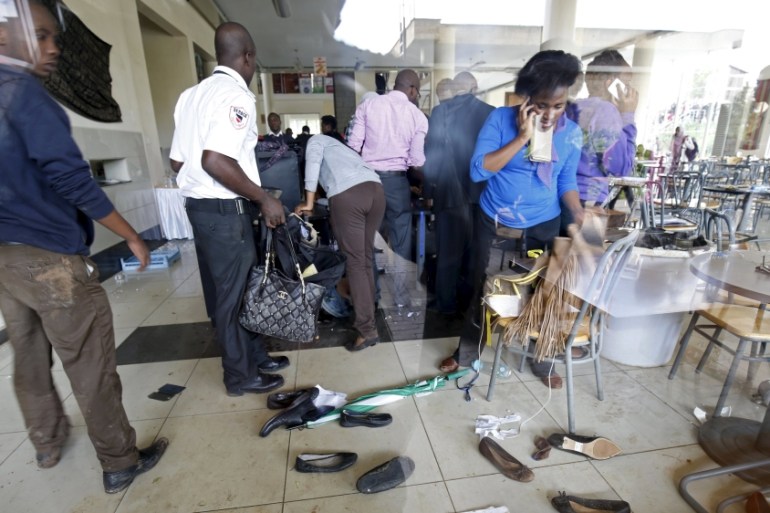 Students search for their belongings that were misplaced during a security exercise at Strathmore University in Kenya''s capital Nairobi