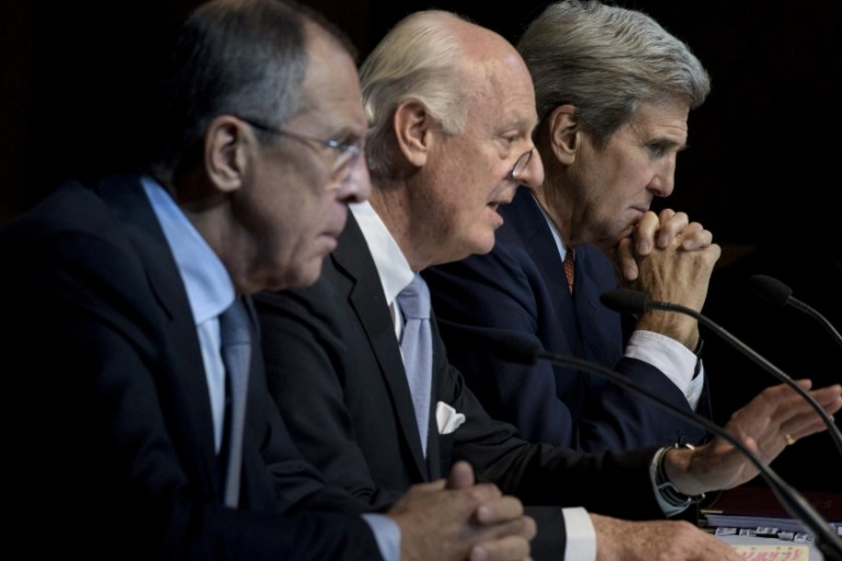 Russian Foreign Minister Lavrov and US Secretary of State Kerry listen while UN Special Envoy for Syria de Mistura speaks during a news conference at the Grand Hotel in Vienn