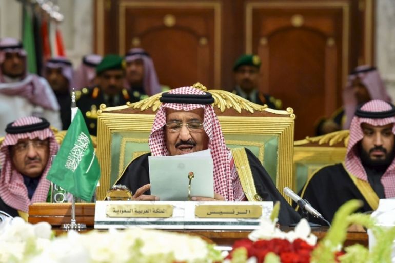 Handout photo of Saudi King Salman speaking during the Gulf Cooperation Council (GCC) summit in Riyadh