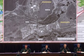 Russian military officials attend a briefing on the fight against terrorism in Syria