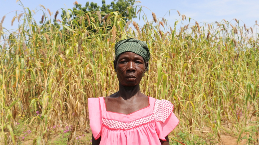  Tambiga Pomougou. in front of her healthy field of millet, says she found the agroecological techniques very effective [Arwa Aburawa/Al Jazeera]