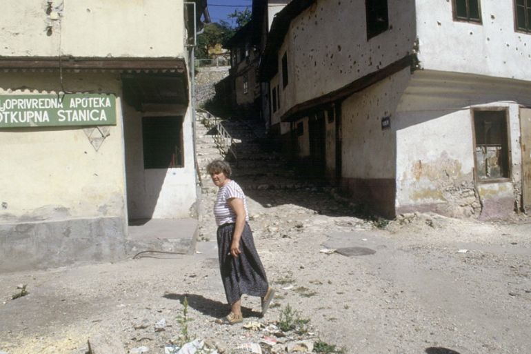 War of Bosnia-Herzegovina. Houses with walls riddled with bullets