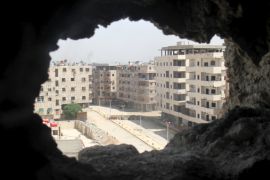 A general view shows a deserted street at the beginning of the Yarmouk Palestinian refugee camp