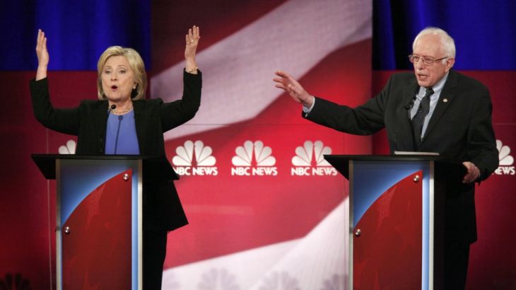 Democratic U.S. presidential candidate and former Secretary of State Hillary Clinton and rival candidate U.S. Senator Bernie Sanders speak simultaneously at the Democratic