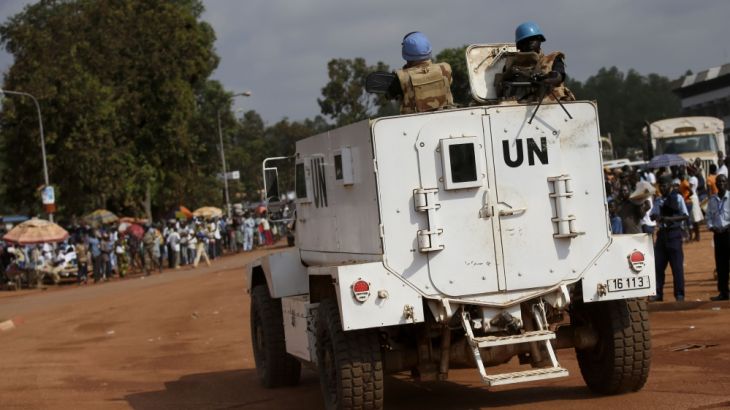 U.N. peacekeeping soldiers guard the streets around at Bangui''s Koudoukou mosque, Central African Republic,