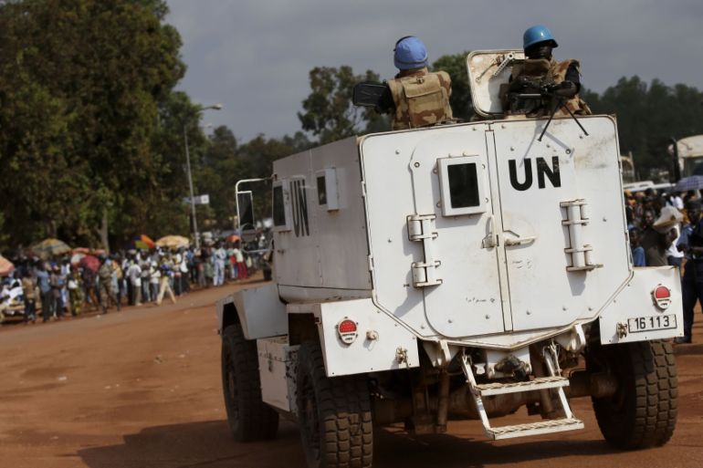 U.N. peacekeeping soldiers guard the streets around at Bangui''s Koudoukou mosque, Central African Republic,