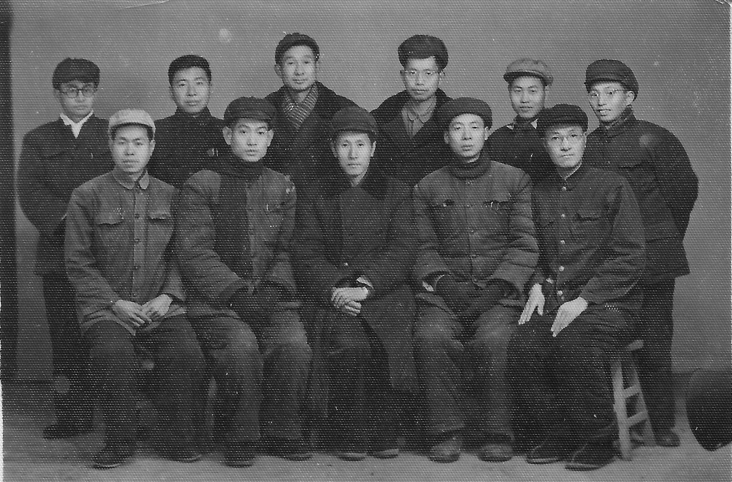Mao Yushi, aged 31, appears in a photograph [seated, second from the right] with other 'rightists' sent to Shandong Province in 1960 [Courtesy Mao Yushi]
