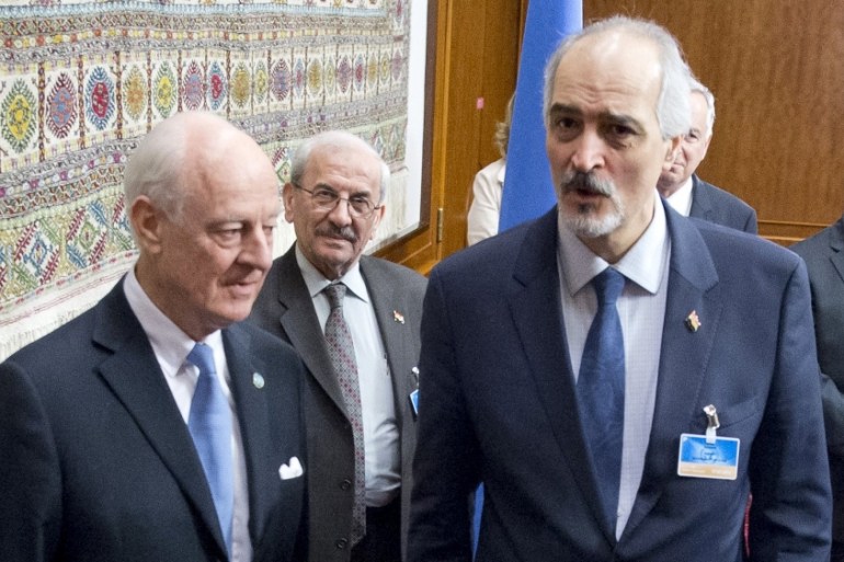 UN envoy Staffan de Mistura speaks to Syria''s Ambassador to the United Nations Bashar al-Jaafari during the Syria peace talks in Geneva [REUTERS]