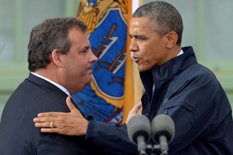 New Jersey Governor Chris Christie introduces U.S. President Barack Obama from the presidential lectern at Asbury Park in New Jersey