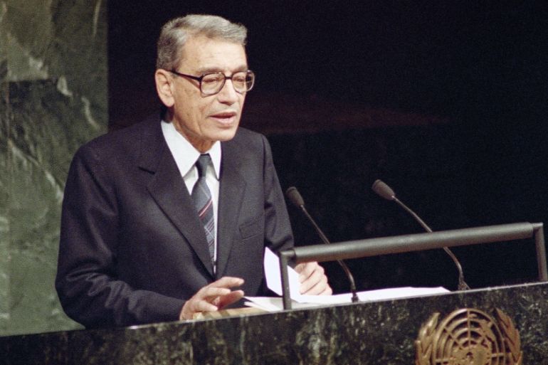 Boutros Boutros-Ghali, then Deputy Foreign Minister of Egypt, addresses the United Nations General Assembly after being sworn in as the new U.S. Secretary-General in United Nations (1991) [AP]