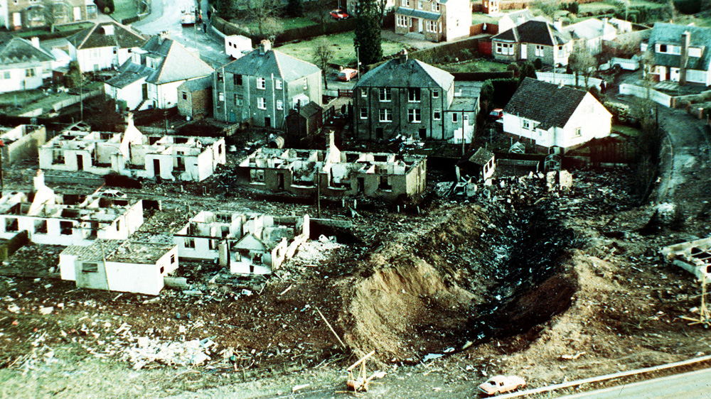 The destruction caused by debris from the explosion on board Pan Am Filght 103 over the village of Lockerbie, which killed 259 people on board, and 11 on the ground. [Martin Cleaver/AP]
