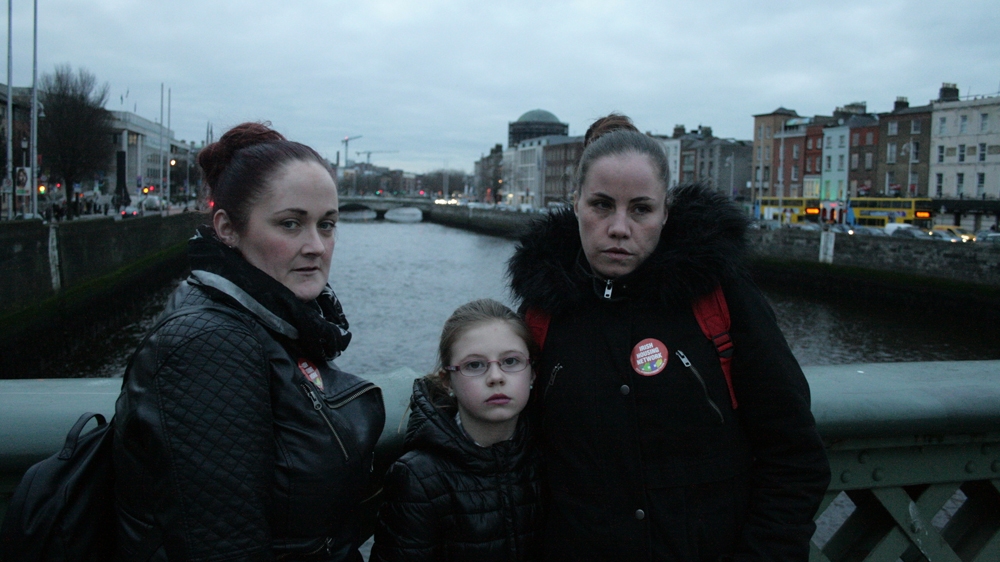 Aisling, Molly and Carol, another resident of Mountjoy Street who is losing her accommodation today [Caelainn Hogan/Al Jazeera]