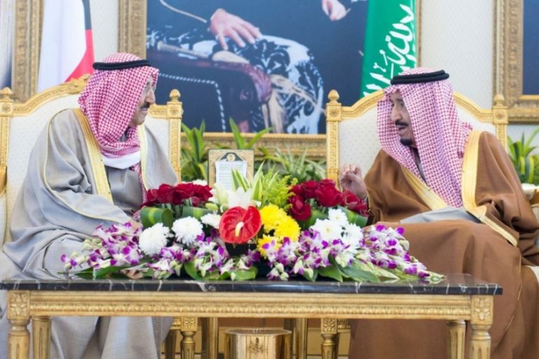 Saudi King Salman meets the Emir of Kuwait Sheikh Sabah Al-Ahmad Al-Jaber Al-Sabah before the Gulf Cooperation Council (GCC) summit in Riyadh