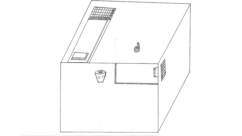 Mohamed Ahmed al-Shoreiya Ben Soud's drawing of the cell he lived in for a year in the Dark Prison [Courtesy of Mohamed Ahmed al-Shoreiya Ben Soud]