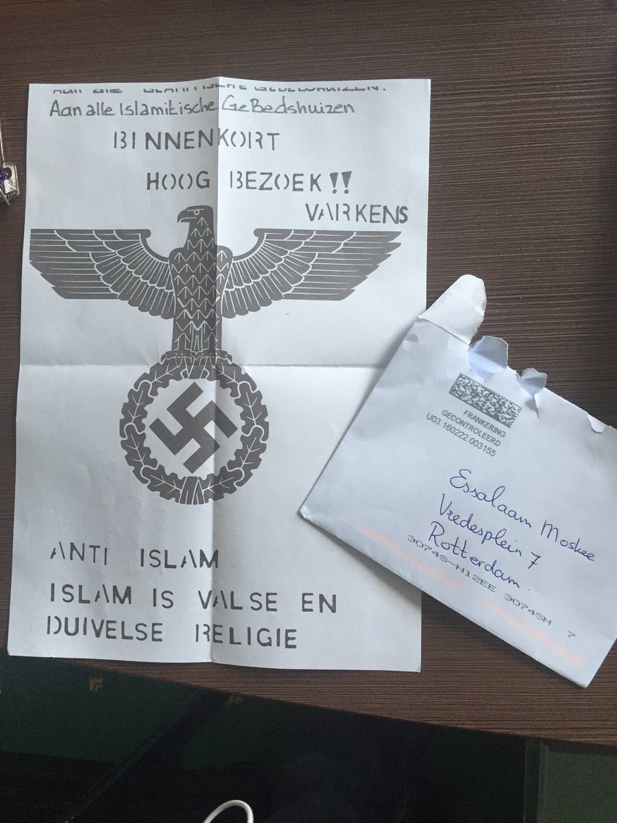 Imam Azzedine Karrat received this letter at his mosque [Courtesy of Azzedine Karrat]