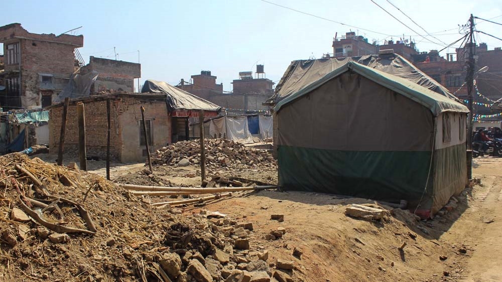 Tents have been erected on the rubble in Bhaktapur, Kathmandu [Saif Khalid/Al Jazeera]