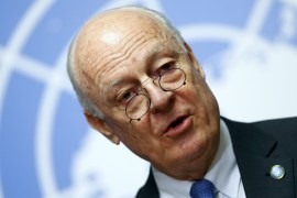 UN mediator for Syria de Mistura speaks to media on the UN sponsored Syria peace talks in Geneva