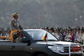 Myanmar''s commander-in-chief, General Min Aung Hlaing inspects officers during a parade to commemorate 71st Armed Forces Day in Naypyitaw, Myanmar