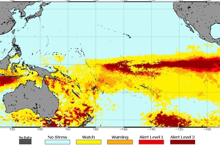 Coral reef bleaching risk this week, in the Pacific ocean and Coral Sea