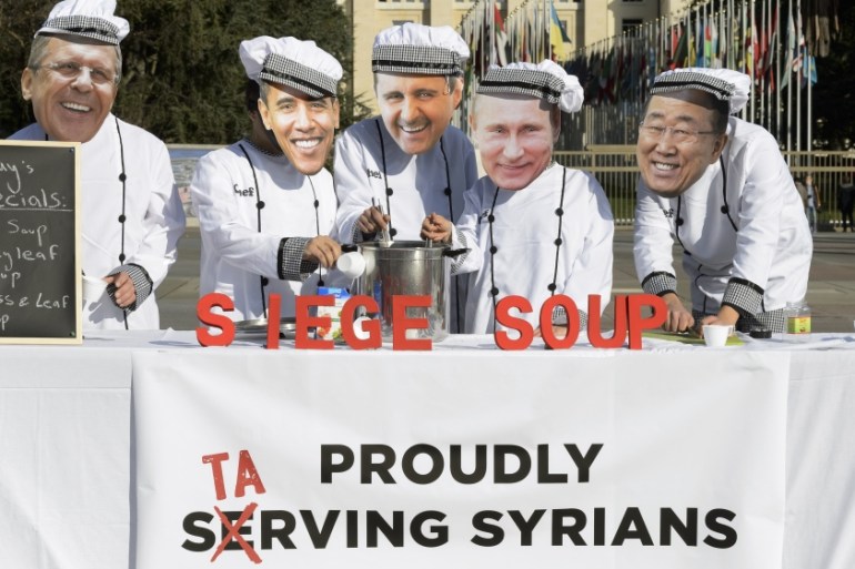 Protesters wearing masks depicting Lavrov, Obama, Assad, Putin and Ban Ki-moon in Geneva, Switzerland [AP]