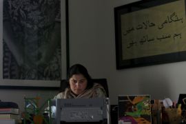 Pakistani journalist and filmmaker Sharmeen Obaid-Chinoy works on her computer at her office in Karachi