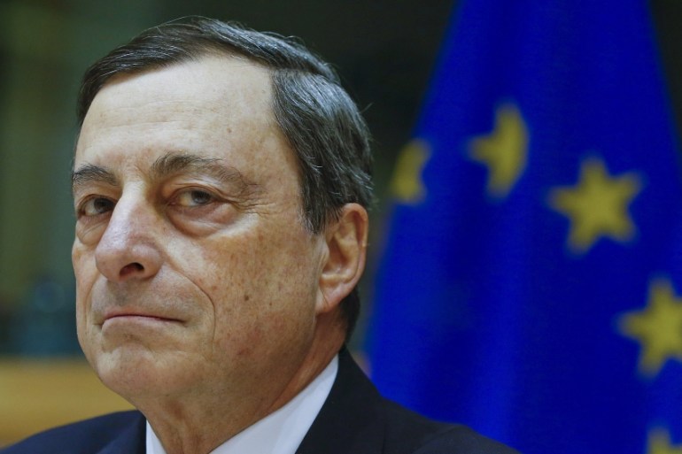 File photo of European Central Bank President Draghi testifying before the European Parliament''s Economic and Monetary Affairs Committee in Brussels