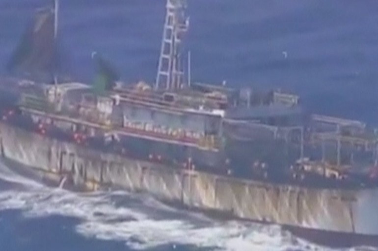 An aerial of a Chinese flagged fishing vessel, the China Yan Lu Yuan Yu 010, off Argentina''s Atlantic coast in this still image taken from video