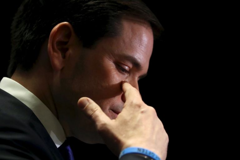 Republican U.S. presidential candidate Marco Rubio announces the suspension of his presidential campaign during a rally in Miami