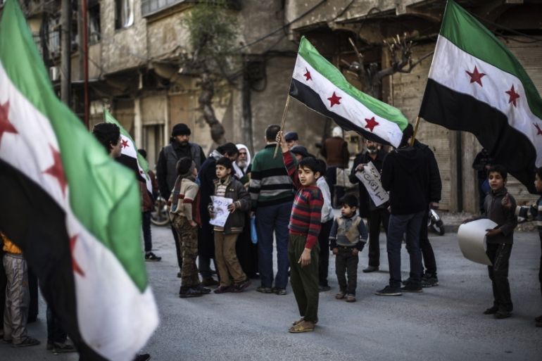 Protest against airstrikes in rebel-held city of Douma