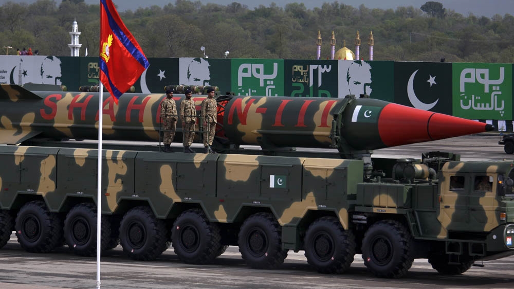 A Pakistani-made Shaheen-III missile, capable of carrying nuclear warheads, loaded on a trailer during a military parade to mark Pakistan's Republic Day in Islamabad [AP Photo/Anjum Naveed]