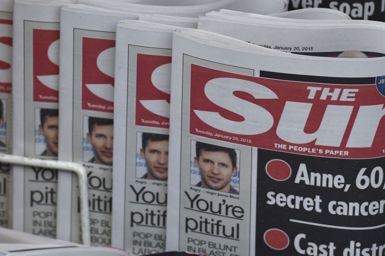Copies of The Sun newspaper are seen on a newsstand outside a shop in central London