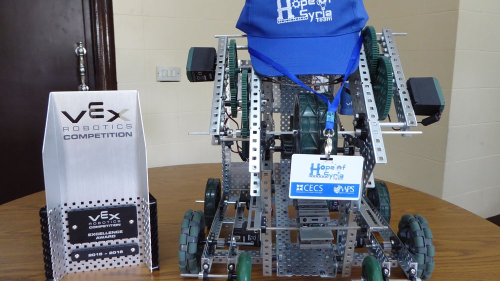 Hope of Syria won a robotics competition in Lebanon when their robot, SYR01, shot the most balls into a net [Olivia Alabaster/Al Jazeera]