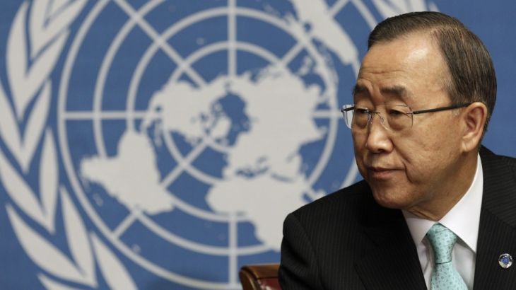 UN Secretary-General Ban listens to a reporter''s question a news conference at the United Nations in Geneva