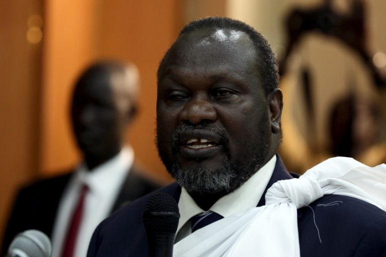 South Sudan''s opposition leader Riek Machar speaks during a briefing ahead of his return to South Sudan as vice president, in Addis Ababa