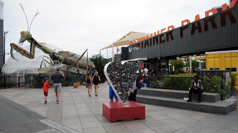 The Container Park, in the Freemont East District of Las Vegas, where boutique stores, galleries and restaurants inside shipping containers are drawing visitors to the area [Joe Jackson/Al Jazeera]