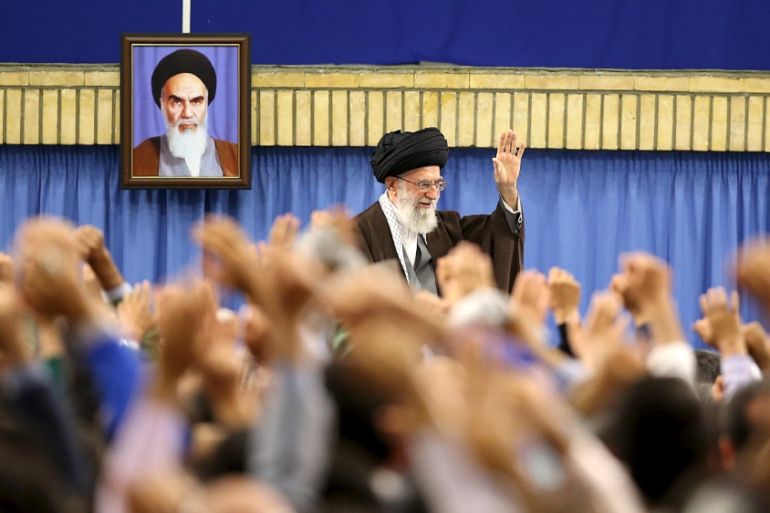 Iran''s Supreme Leader Ayatollah Ali Khamenei waves as he arrives to address workers in Tehran