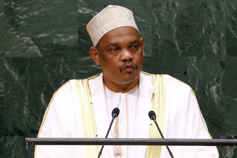 Ikililou Dhoinine, President of the Union of the Comoros, addresses the 69th United Nations General Assembly at the U.N. headquarters in New York