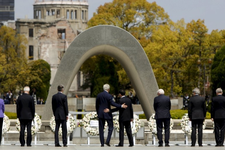 US Secretary of State John Kerry with Japan''s Foreign Minister Fumio Kishida after they laid wreaths at the cenotaph at Hiroshima Peace Memorial Park and Museum in Hiroshima, Japan [REUTERS]
