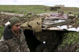 Soldiers of the self-defense army of Nagorno-Karabakh gather in Martakert province in Nagorno-Karabakh