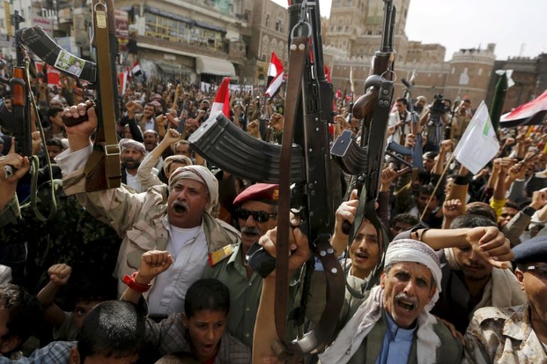 Armed Houthi followers rally against Saudi-led air strikes in Sanaa, Yemen [REUTERS]