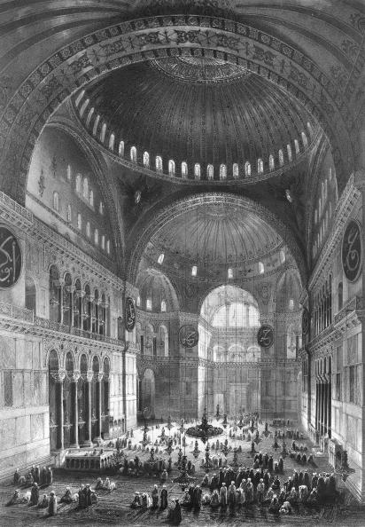 Interior of Haghia Sophia in this 18th century lithography. [Getty]
